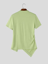 Men's Avant-Garde Asymmetric Diagonal Button Ruched Mock Neck Short Sleeve T-shirt SKUL66872