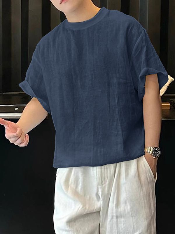 Men's Japanese Relaxed Style Texture Oversized Rolled Cuff T-shirt SKUL76481