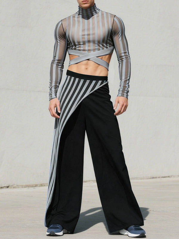 Men's Sheer Striped Cropped Two Pieces Outfit SKUL25950
