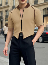 Men's Textured Patchwork Short Sleeve Zipper Cardigan SKUL47599