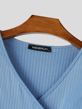 Men's Avant-Garde Deconstructed Asymmetric Slanted Button V-Neck Ribbed Fitted Short Sleeve T-shirt SKUL72643