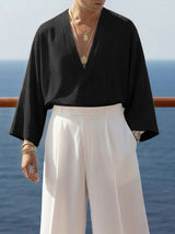 Men's Solid Color Deep V-Neck 3/4 Length Sleeve Shirt SKUL51929