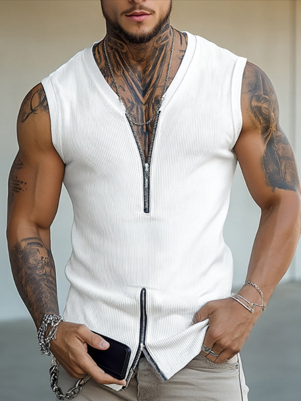 Mens Solid Color Textured Zipper Casual Tank SKUL20207