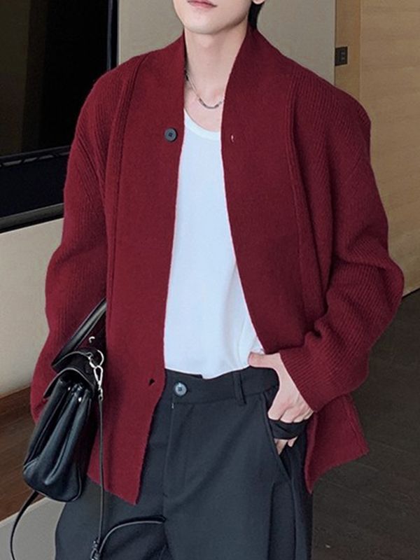 Men's Solid Color Knit Lapel Long Sleeve Cardigan SKUL32792