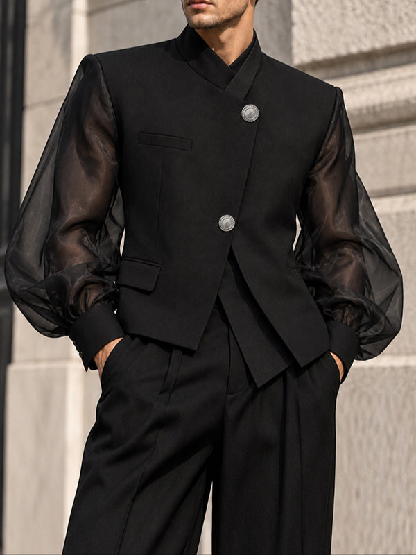 [Pre-order] Men's Neo-Chinese Chic Evening Gala Sheer Lantern Sleeve Metallic Button Wrap Blazer SKUL89208