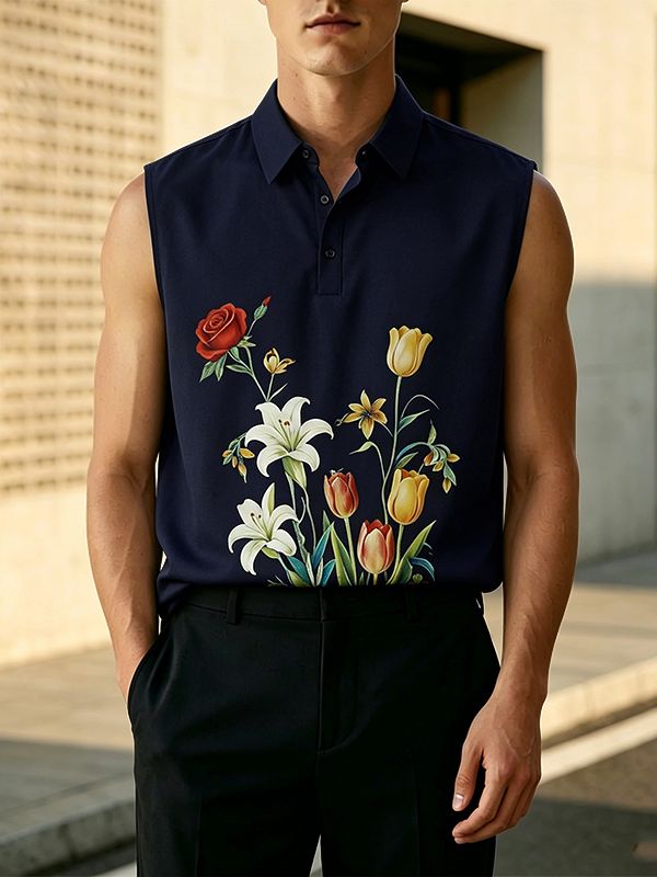 Men's Casual Daily Wear Floral Print Sleeveless Polo Collared Tank SKUL61919