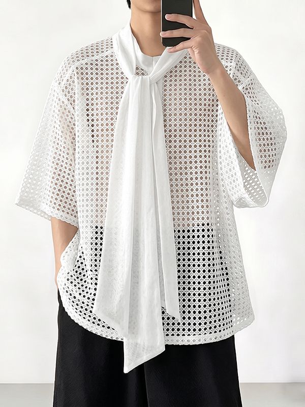 Men's Romantic Avant-Garde Hollow Out Mesh Tie Neck Half Sleeve Shirt SKUL70275
