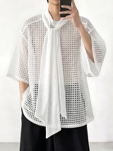 Men's Romantic Avant-Garde Hollow Out Mesh Tie Neck Half Sleeve Shirt SKUL70275