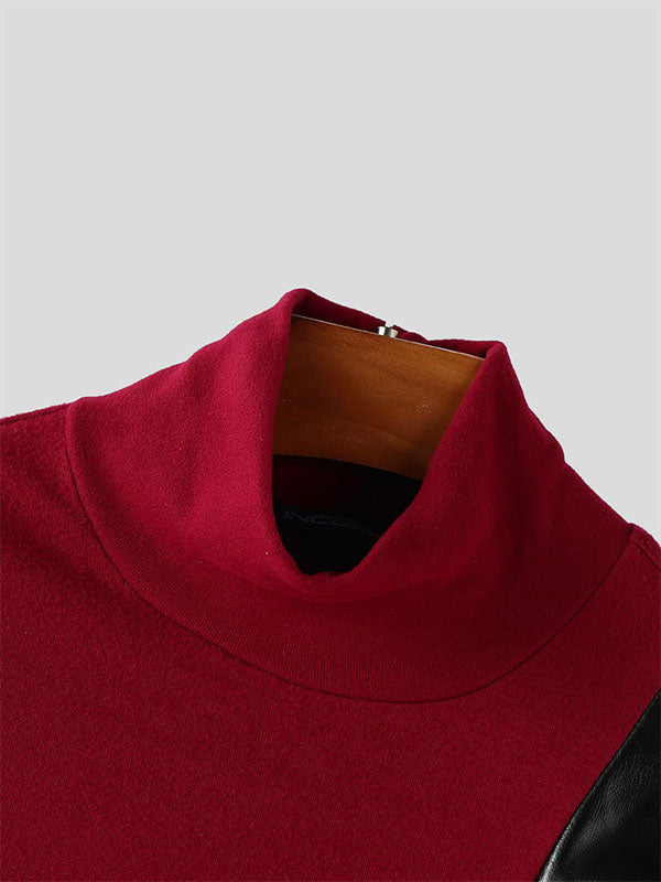 Men's Faux Leather Irregular Hem Long Sleeve T-Shirt SKUL28334