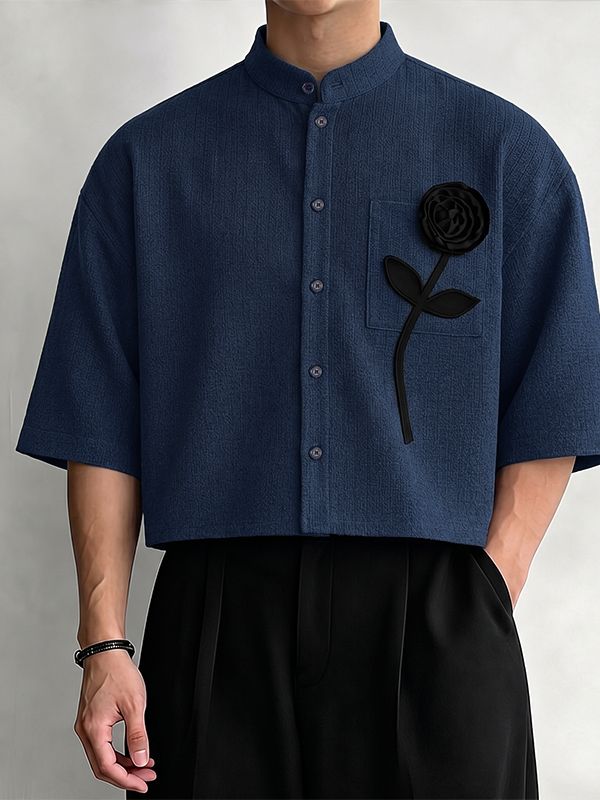 Men's Vintage Modern Chinese Mandarin Collar 3D Applique Rose Cropped Short Sleeve Shirt SKUL73660
