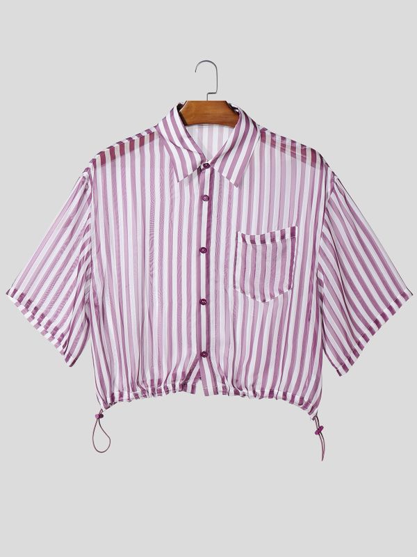 Men's Elastic Drawstring Striped Cropped Short Sleeve Shirt SKUL54659