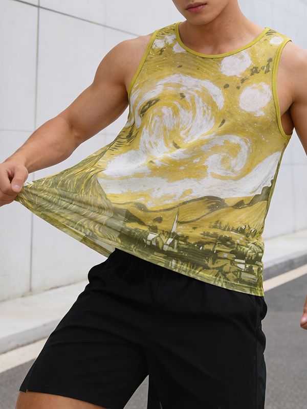 Men's High Street Wear Starry Night Oil Painting Sheer Mesh Casual Tank SKUL55292