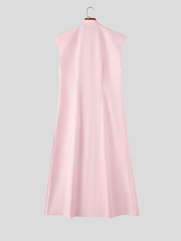 Men's Avant-Garde Asymmetrical Slant-Button High-Slit Sleeveless Floor-Length Shirt SKUL62064