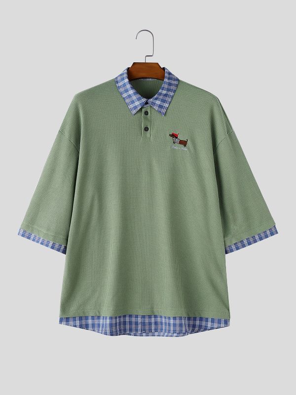 Men's Vintage Preppy Faux Twinset Contrast Plaid Collar Cute Animal Embroidered Polo Shirt SKUL68994