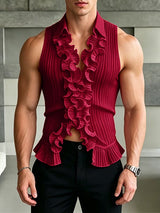 Men's Avant-Garde Pleated Ruffle Trim Deep V-Neck Lapel Tank SKUL60600