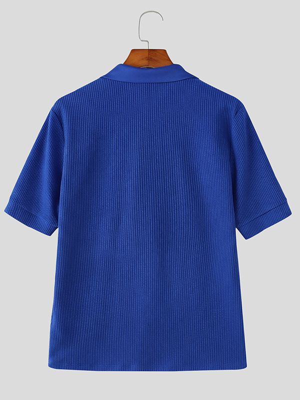 Men's Solid Color Deep V-Neck Short Sleeve Shirt SKUL53140