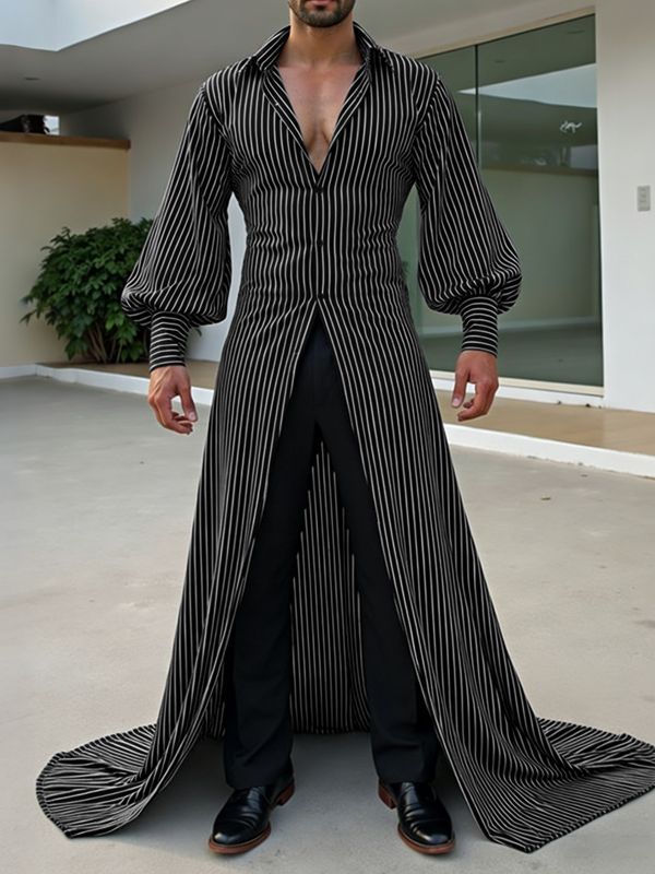 Men's Striped Long Hem Puff Sleeve Shirt SKUL40322