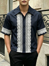 Men's Vintage Casual Floral Lace Patchwork Camp Collar Short Sleeve Shirt SKUL65999