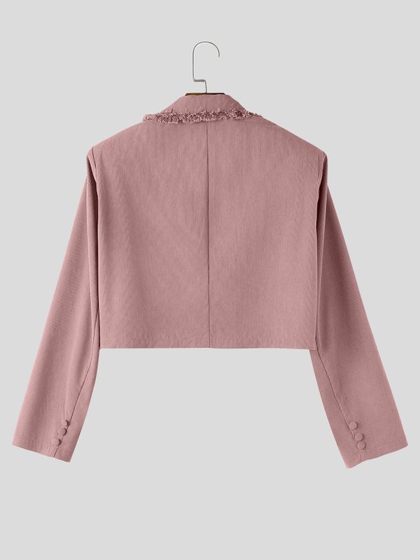 Men's Avant-Garde Cocktail Party Raw Fringe Trim Double Breasted Long Sleeve Cropped Blazer SKUL78334