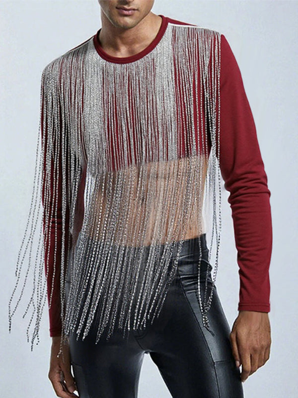 Men's Silver Tassel Patchwork Cropped Long Sleeve T-Shirt SKUL23924