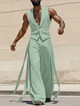 Men's Solid Color Ribbon Patchwork Two Pieces Outfit SKUL53994