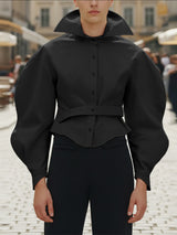 Men's Solid Color Cinched Waist Large Collar Wide Sleeve Shirt SKUL42663