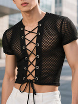 Men's Sheer Mesh Lace-Up Cross Cropped Short Sleeve T-Shirt SKUL16796