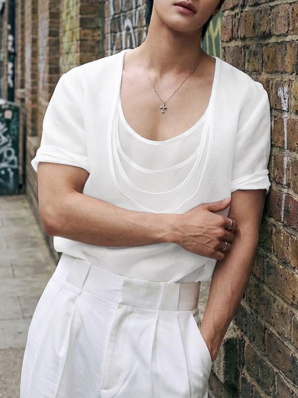 Men's Avant-Garde Multi-Layered Scoop Neck Draped T-shirt SKUL51752