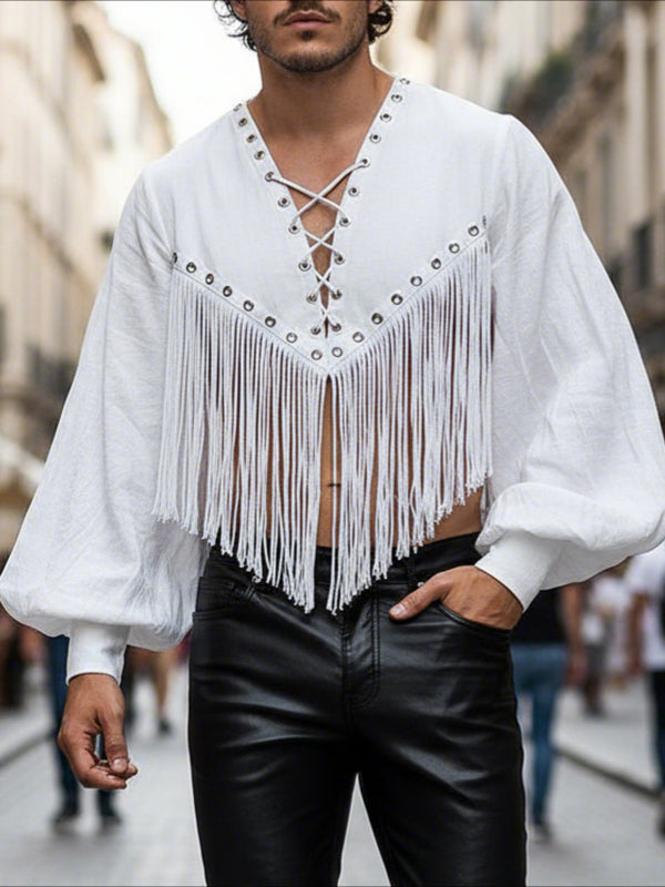 Men's Tassel Patchwork Cropped Long Sleeve T-shirt SKUL47932