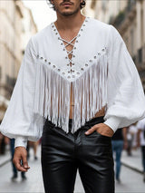 Men's Tassel Patchwork Cropped Long Sleeve T-shirt SKUL47932