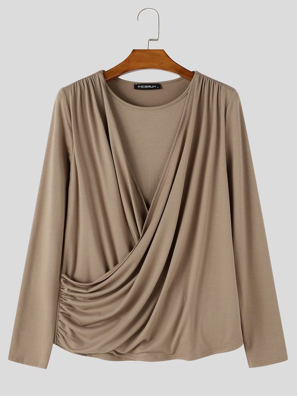 Men's Avant-Garde Party Crisscross Wrap Ruched Long Sleeve Round Neck T-shirt SKUL80630