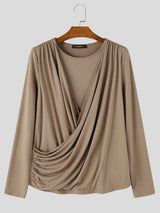 Men's Avant-Garde Party Crisscross Wrap Ruched Long Sleeve Round Neck T-shirt SKUL80630