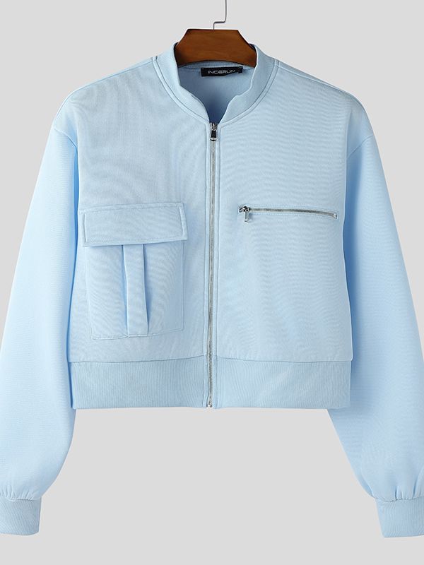 Men's Solid Color Pocket Zipper Cropped Jacket SKUL45377