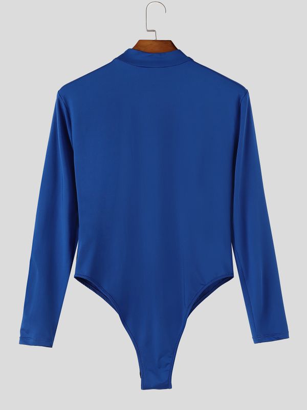 Men's Sexy Retro Stage Performance Military Pleated Double Breasted Button High Cut Long Sleeve Mock Neck Bodysuit SKUL83125