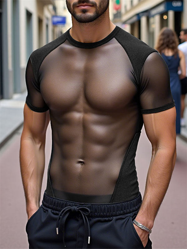 Mens Sheer Mesh Patchwork Short Sleeve T-Shirt SKUL14075