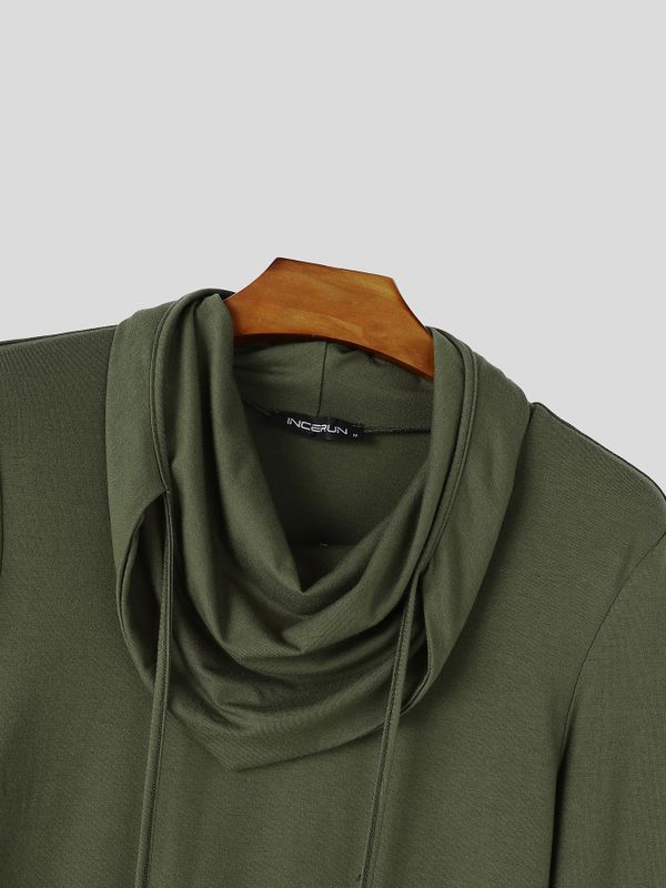Men's Avant-Garde High Street Draped Cowl Neck Hanging Drawstring Asymmetrical Pointed Hem Long Sleeve T-shirt SKUL83998