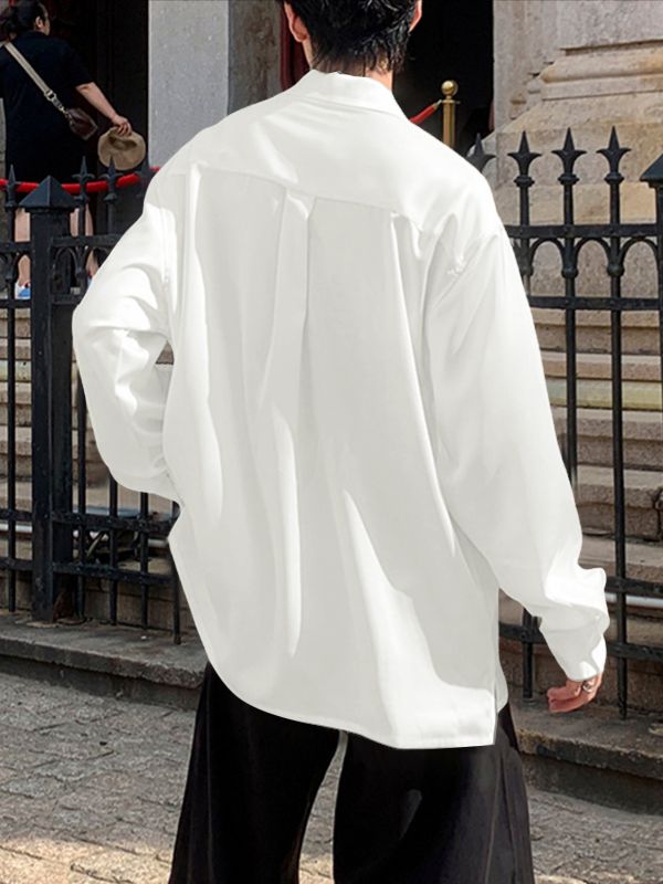 Men's Satin Embroidered Drawstring Loose Long Sleeve Shirt SKUL36381