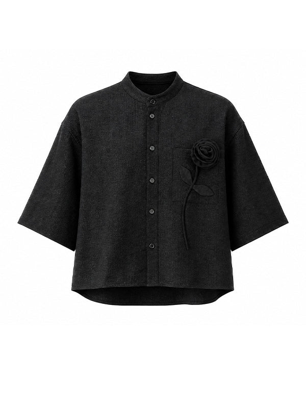 Men's Vintage Modern Chinese Mandarin Collar 3D Applique Rose Cropped Short Sleeve Shirt SKUL73660