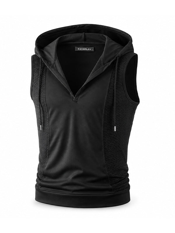 Men's Athletic Side Mesh Panel Deep V-Neck Hooded Tank SKUL73119