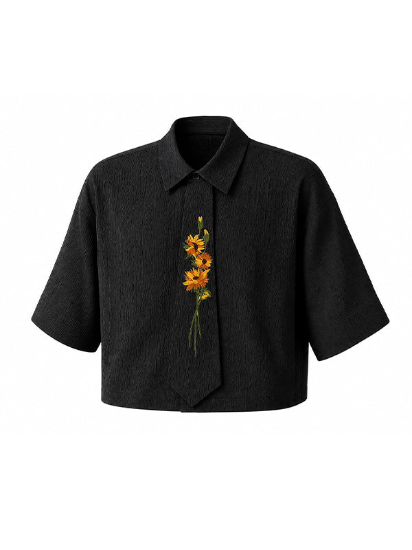 Men's Romantic Avant-Garde Sunflower Embroidered Drop Shoulder Half Sleeve Shirt SKUL78943