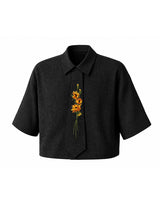 Men's Romantic Avant-Garde Sunflower Embroidered Drop Shoulder Half Sleeve Shirt SKUL78943