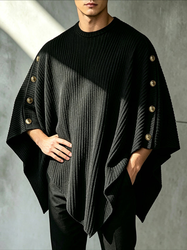Men's Avant-Garde High Street Pointed Hem Side Button Ribbed Half Sleeve Round Neck Cloak SKUL81150