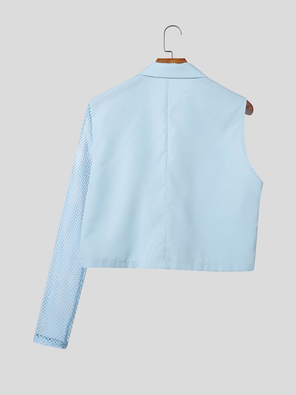 Men's Sheer Mesh Patchwork Asymmetric Sleeve Cropped Blazer SKUL56117
