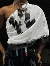 Men's Avant-Garde One-Shoulder Number Print Mesh Ruffle Lace Hem Tank SKUL54411