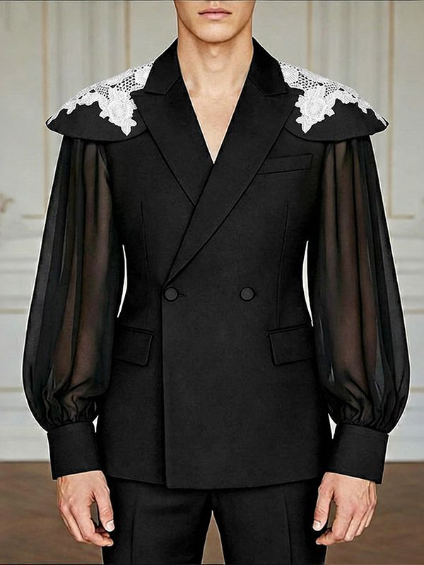 Men's Lace Shoulder Appliques Sheer Lantern Sleeves Blazer SKUL56348