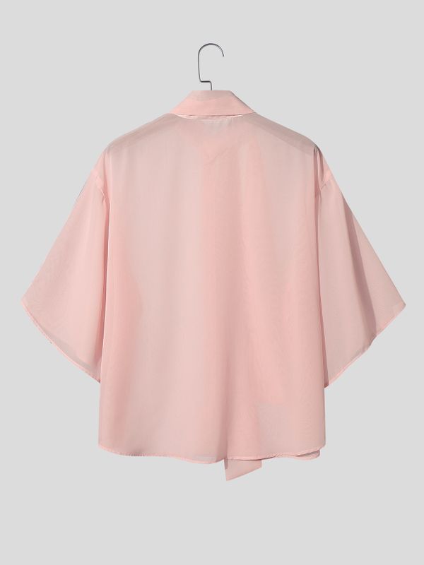 Men's Avant-Garde New Romanticism Sheer Organza Long Pussy-Bow Shirt SKUL68398