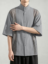 Men's Vintage Modern Chinese Mesh Patchwork Mandarin Collar Short Sleeve Shirt SKUL71303