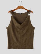 Men's Avant-Garde Double Metal Rings Cowl Neck Textured Crinkled Tank SKUL72415