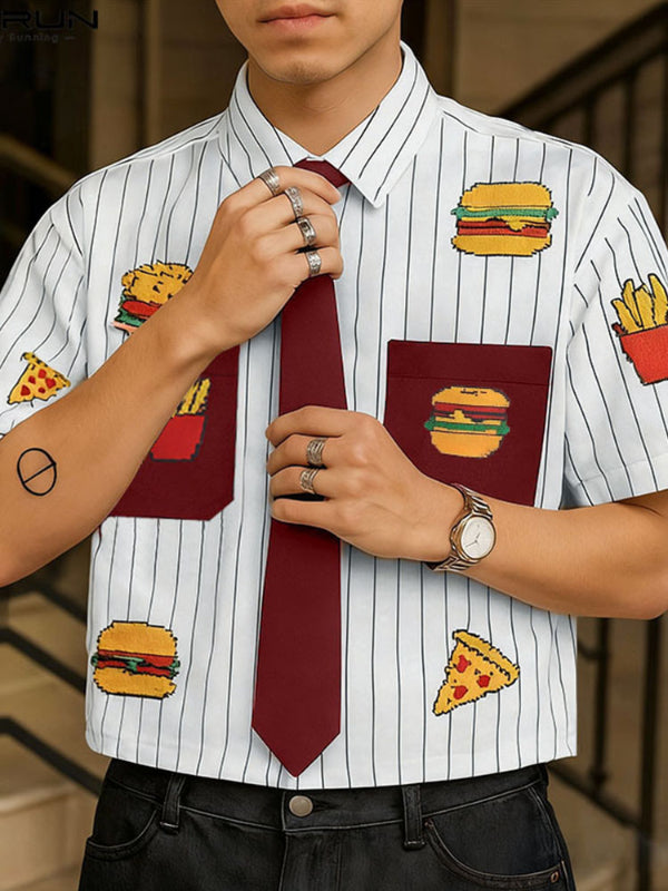 Men's Fun Print Color Block Striped Short Sleeve Shirt SKUL35037