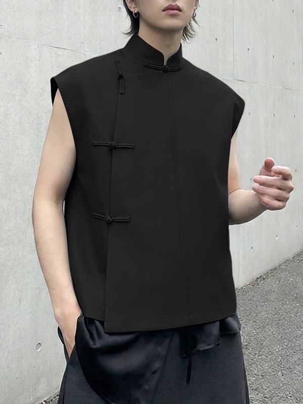 Men's New Chinese Style Asymmetric Placket Frog Button Tank SKUL54752